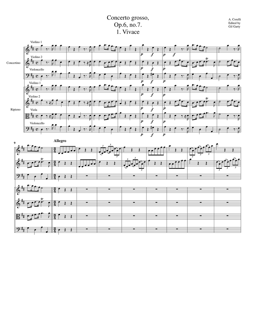 Concerto grosso, Op.6, no.7 (Original) Cello scores gallery preview page 1