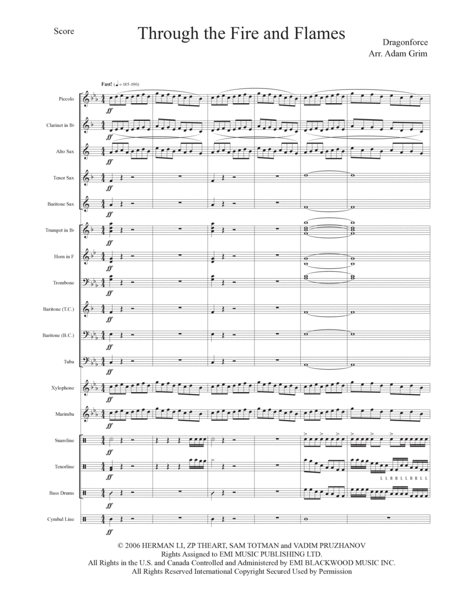 Through The Fire And Flames Marching Band scores gallery preview page 1