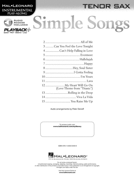 Simple Songs by Various Tenor Saxophone - Sheet Music