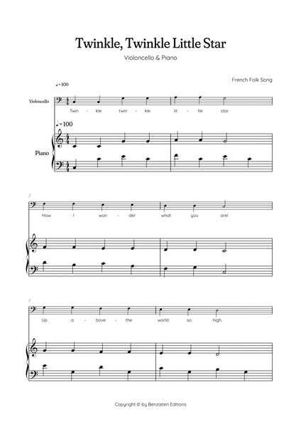 Twinkle, Twinkle Little Star • Easy violoncello sheet music with easy piano accompaniment image number null