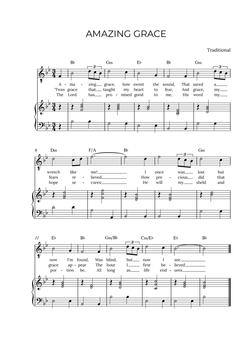 AMAZING GRACE - for piano and tenor in Bb major with chords image number null