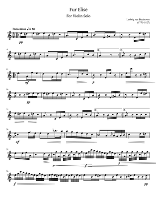 Book cover for Beethoven - Fur Elise - For Violin Solo - In A Minor, Woo 59