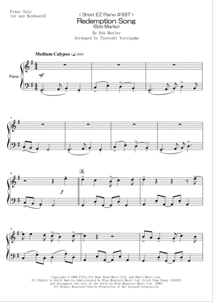 Redemption Song Easy Piano scores gallery preview page 1