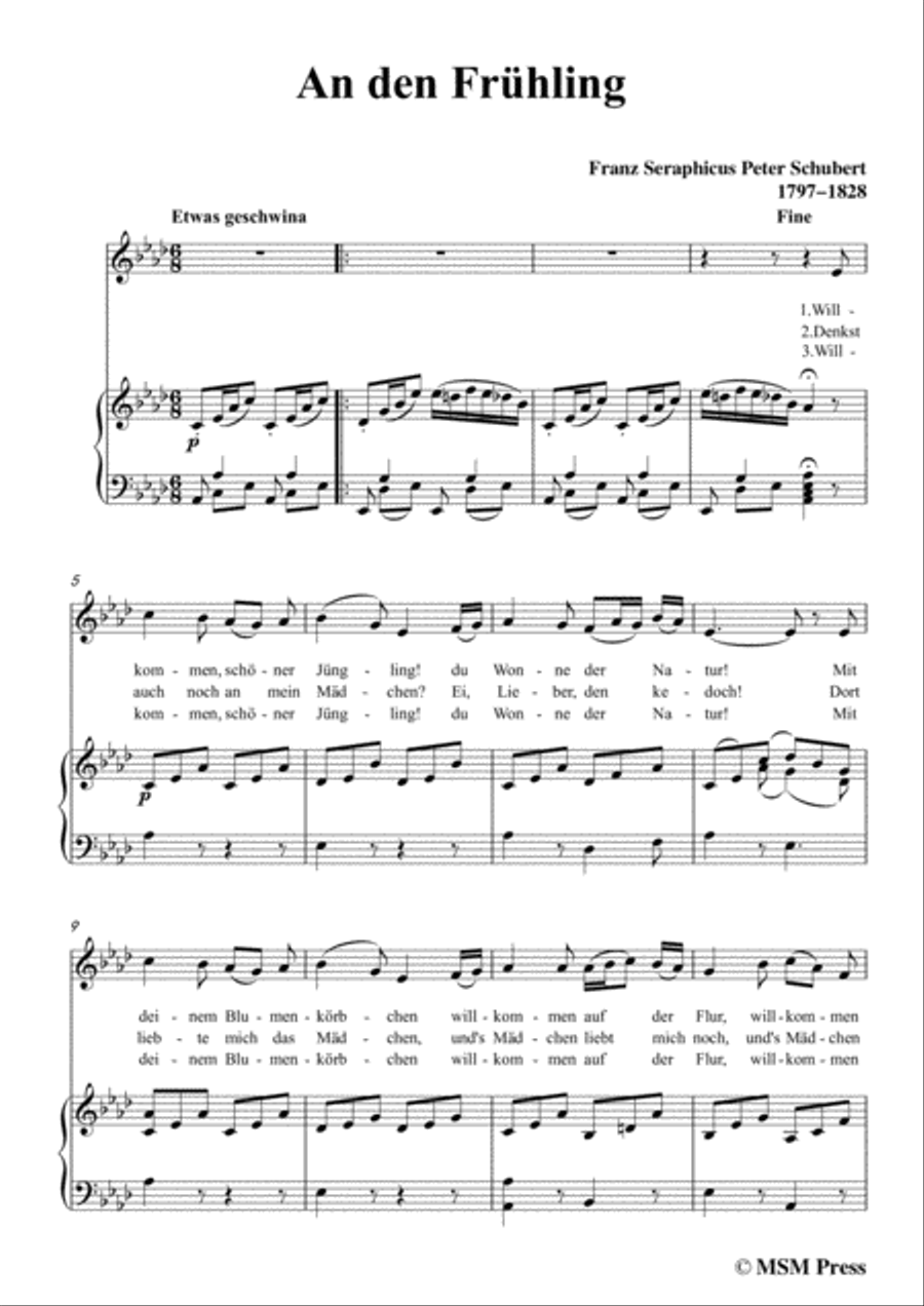 Schubert-An den Frühling,in A flat Major,for Voice&Piano Voice scores gallery preview page 3