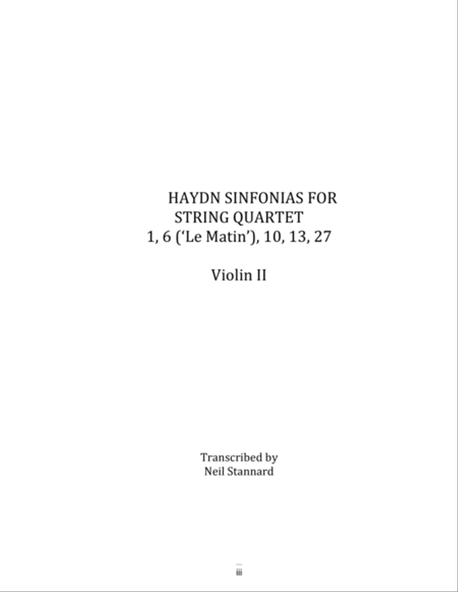 Haydn Sinfonias for String Quartet: 1, 6 ('Le Matin'), 10, 13, 27 Violin II String Quartet scores gallery preview page 3