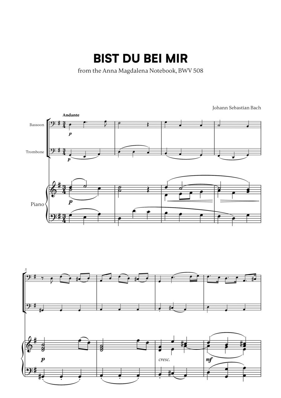 Johann Sebastian Bach - Bist du bei Mir (BWV 508) (G major) (for Bassoon and Trombone) Trombone Duet scores gallery preview page 1