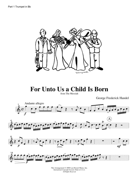 For Unto Us A Child Is Born from The Messiah for Brass Quartet (Trumpets, French Horn, Trombone & Ba