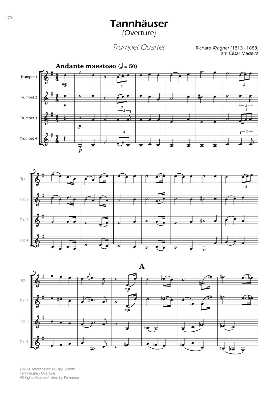 Tannhäuser (Overture) - Trumpet Quartet (Full Score) - Score Only Brass Quartet scores gallery preview page 3