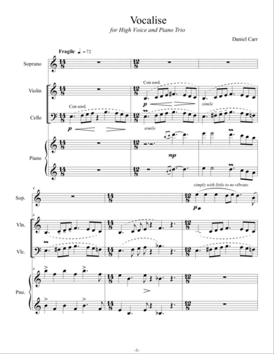 Vocalise for High Voice, Violin, Cello and Piano - Opus 9 Small Ensemble scores gallery preview page 3