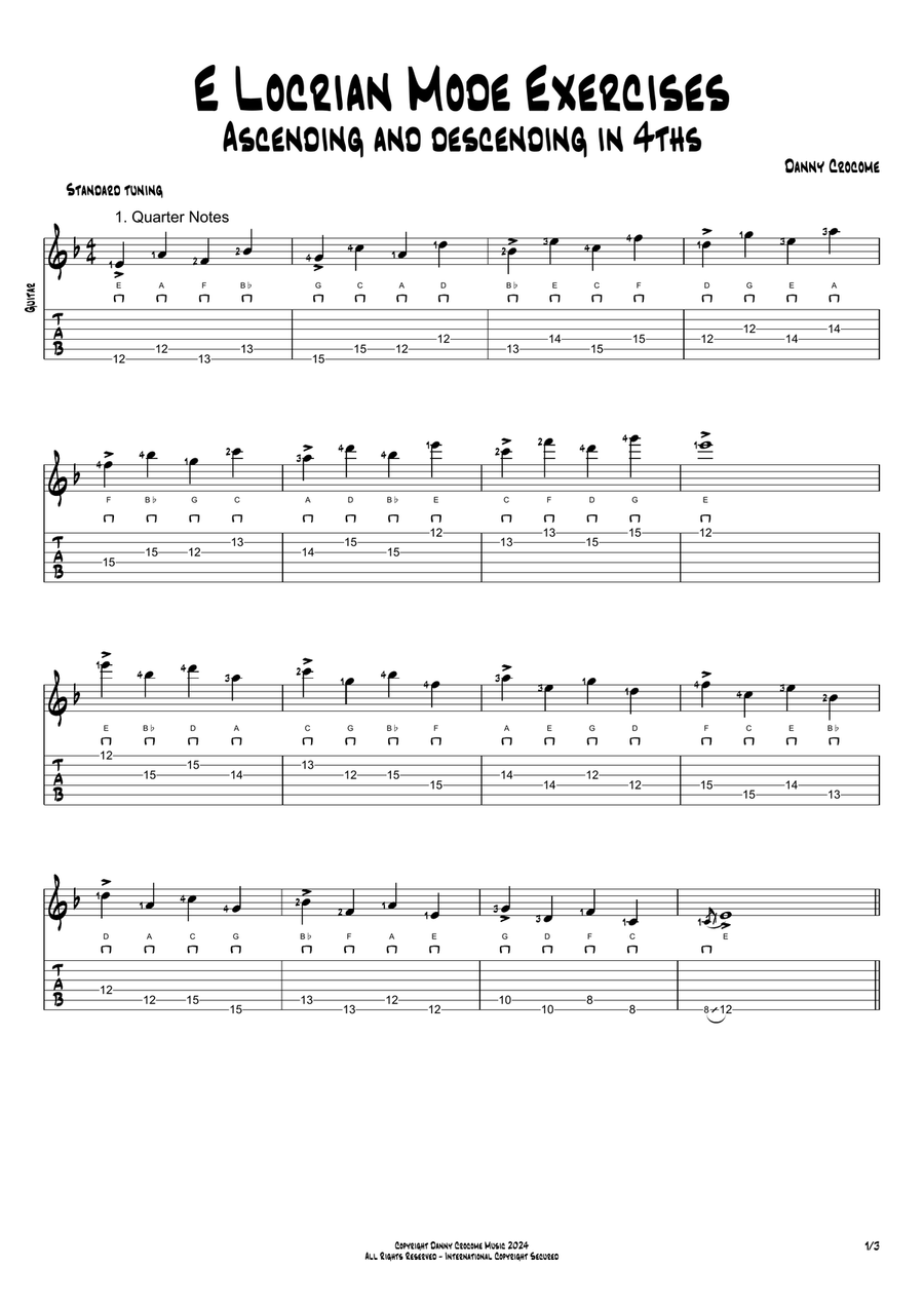 E Locrian Mode Exercises - Ascending and Descending in 4ths Acoustic Guitar scores gallery preview page 1