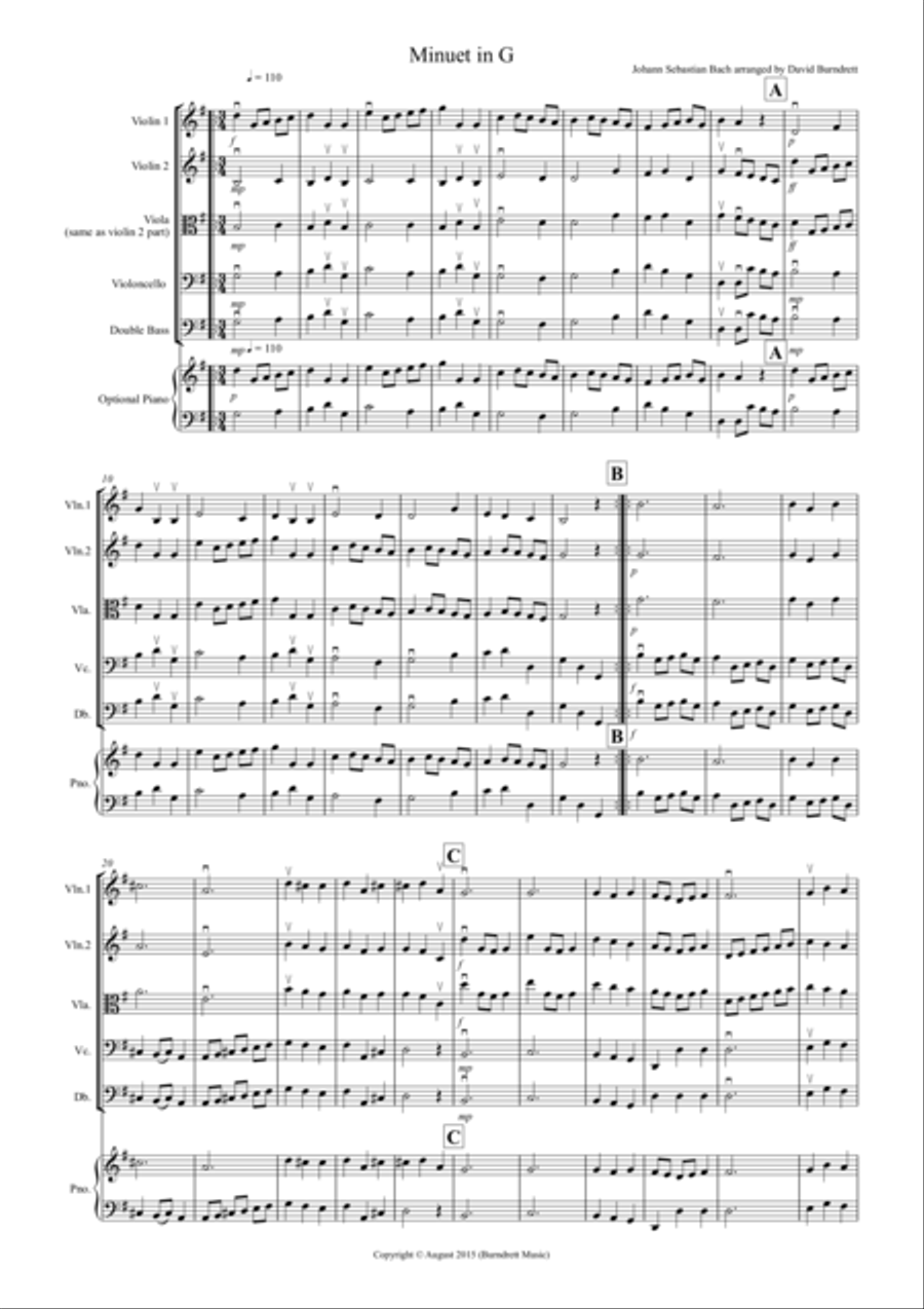 Minuet in G by Bach for String Orchestra String Quartet scores gallery preview page 1