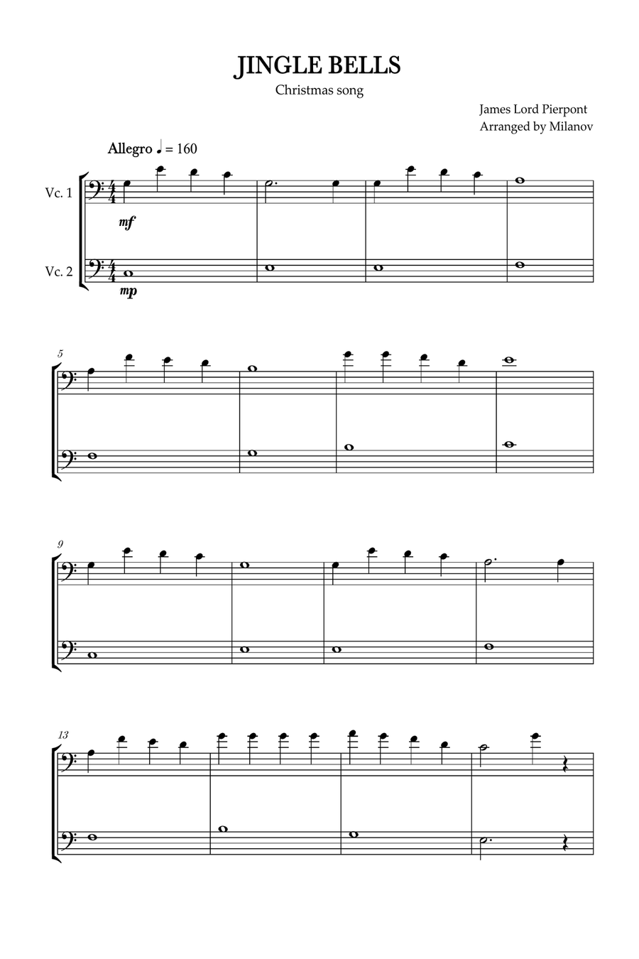 Jingle Bells | Pierpont | Christmas song | cello duet | easy | C Major String Duet scores gallery preview page 1