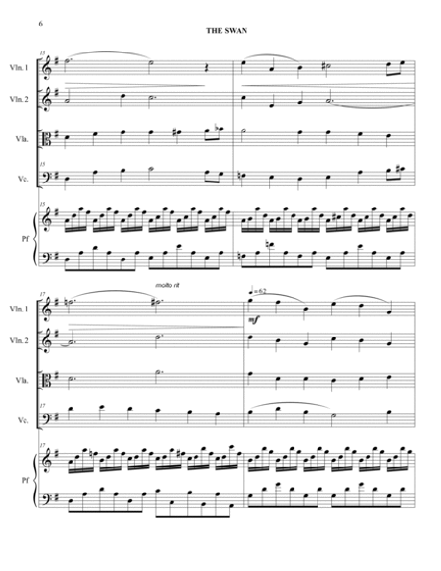 THE SWAN (LE CYGNE) - C. Saint Saens - Arr. for String quartet and Piano Piano Quintet scores gallery preview page 6