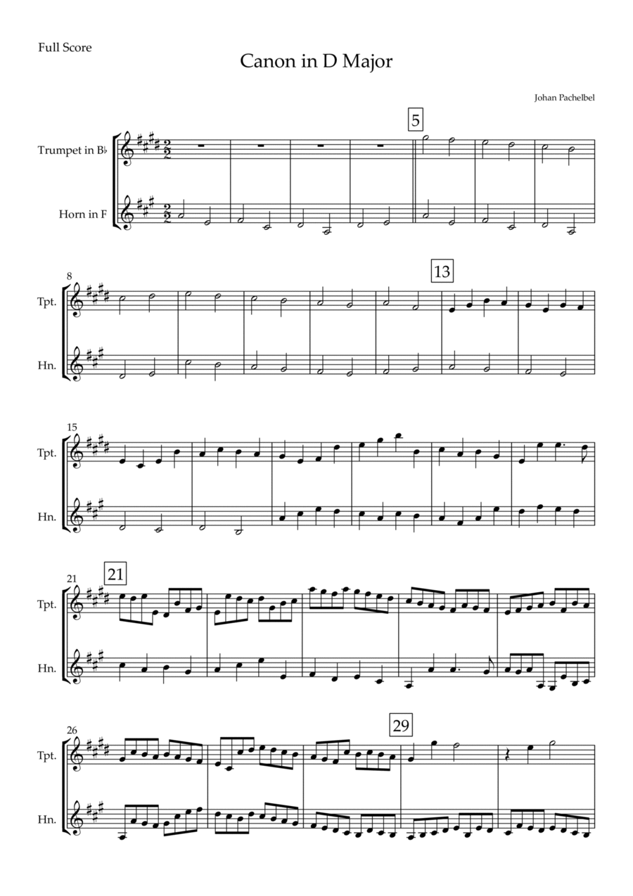Canon in D Major (Johann Pachelbel) for Trumpet in Bb & Horn in F Duo Brass Duet scores gallery preview page 1