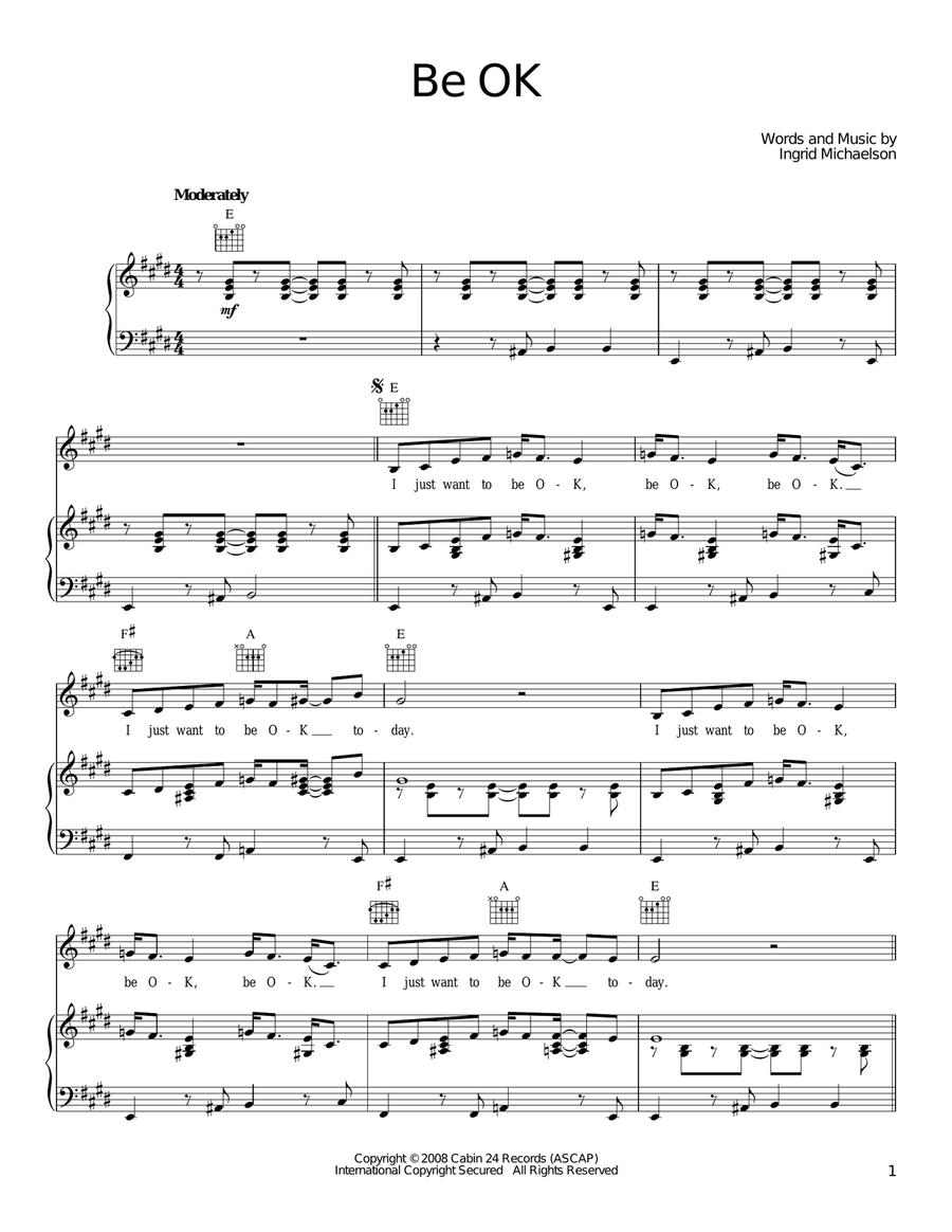 Be OK Piano, Vocal, Guitar scores gallery preview page 1