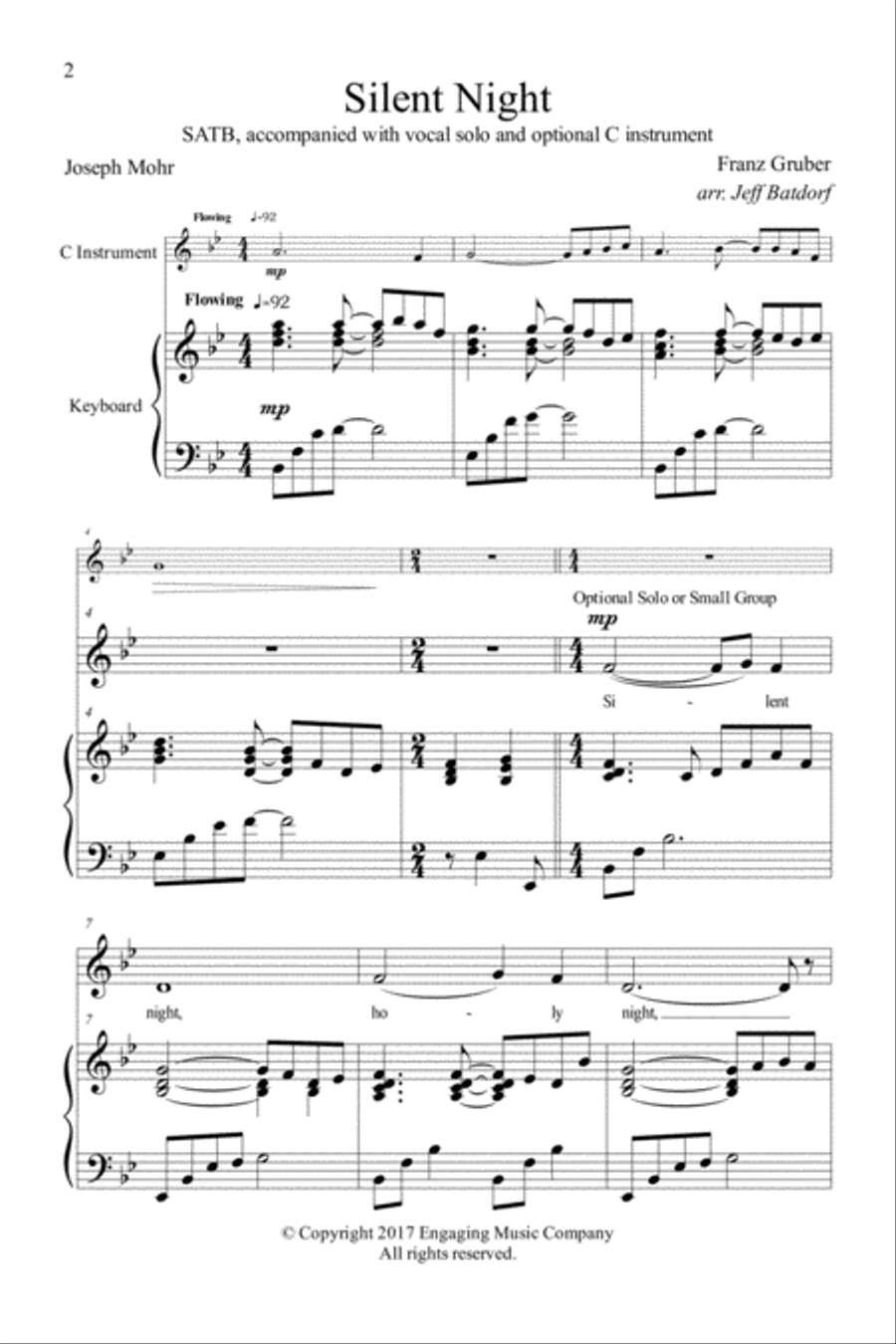 Silent Night - SATB with Piano, Optional Solo and C Instrument. 4-Part scores gallery preview page 2