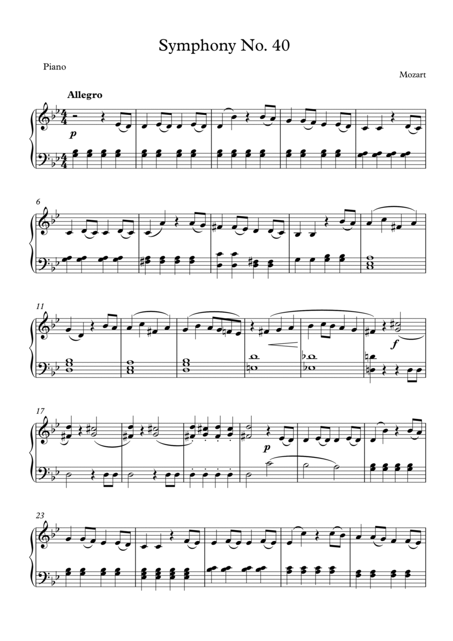 Mozart - Symphony No. 40 (Piano Solo) Piano Solo scores gallery preview page 1