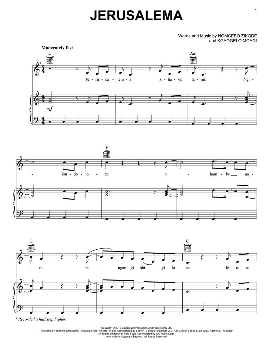 Jerusalema (feat. Nomcebo Zikode) Piano, Vocal, Guitar scores gallery preview page 1