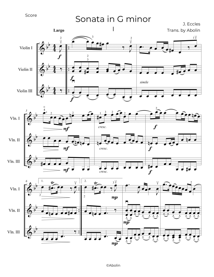 Eccles: Sonata in G minor - Violin Trio Chamber Music scores gallery preview page 1
