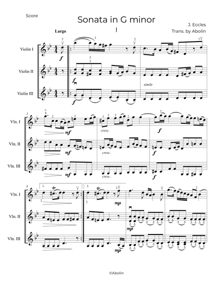 Eccles: Sonata in G minor - Violin Trio image number null