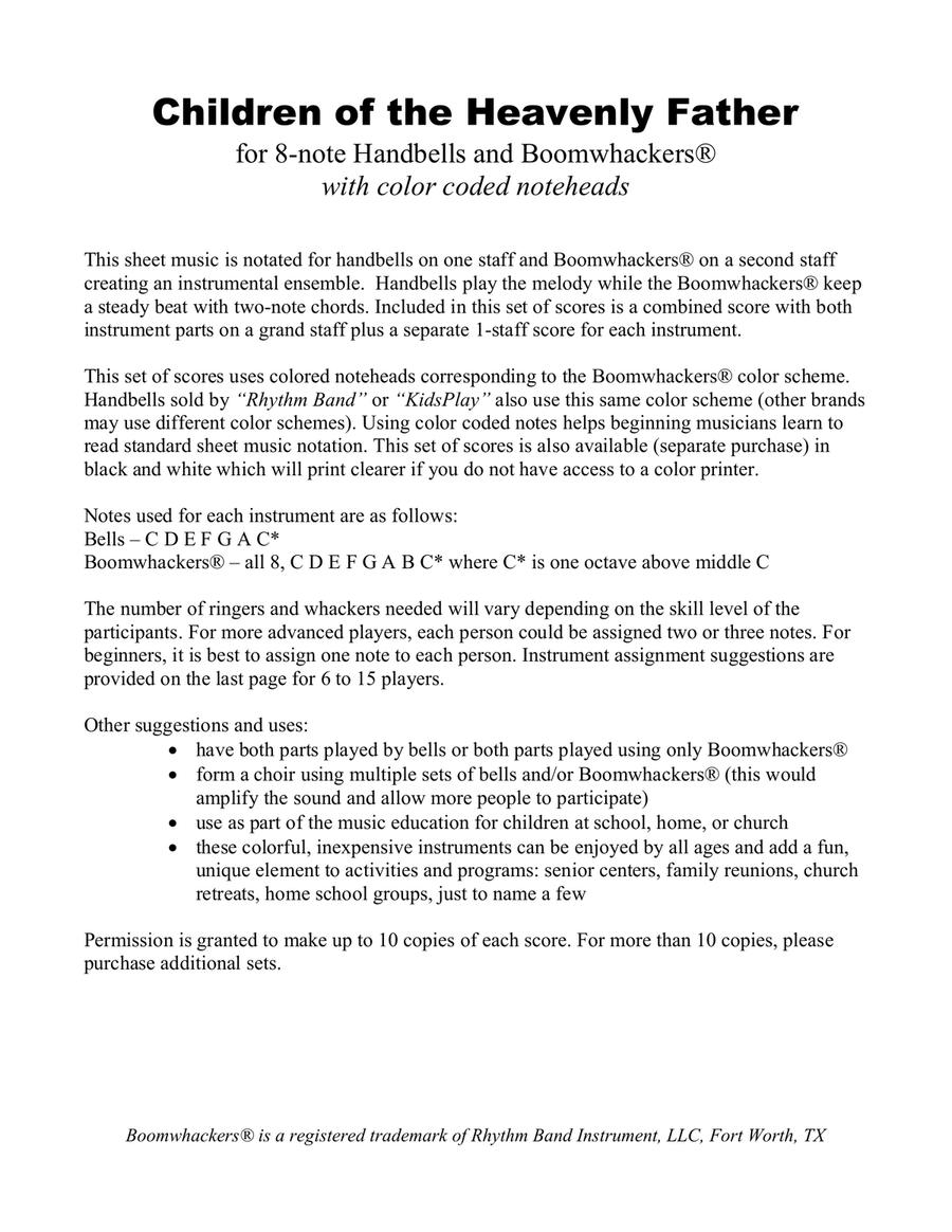 Children of the Heavenly Father (for 8-note Bells and Boomwhackers with Color Coded Notes) Handbell Choir scores gallery preview page 2