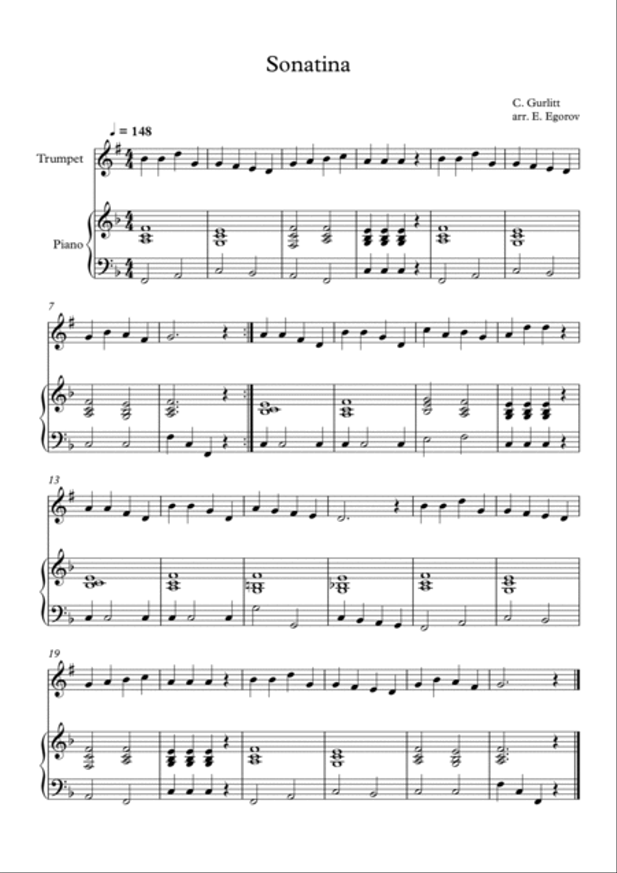 Sonatina, Cornelius Gurlitt, For Trumpet & Piano Trumpet Solo scores gallery preview page 1