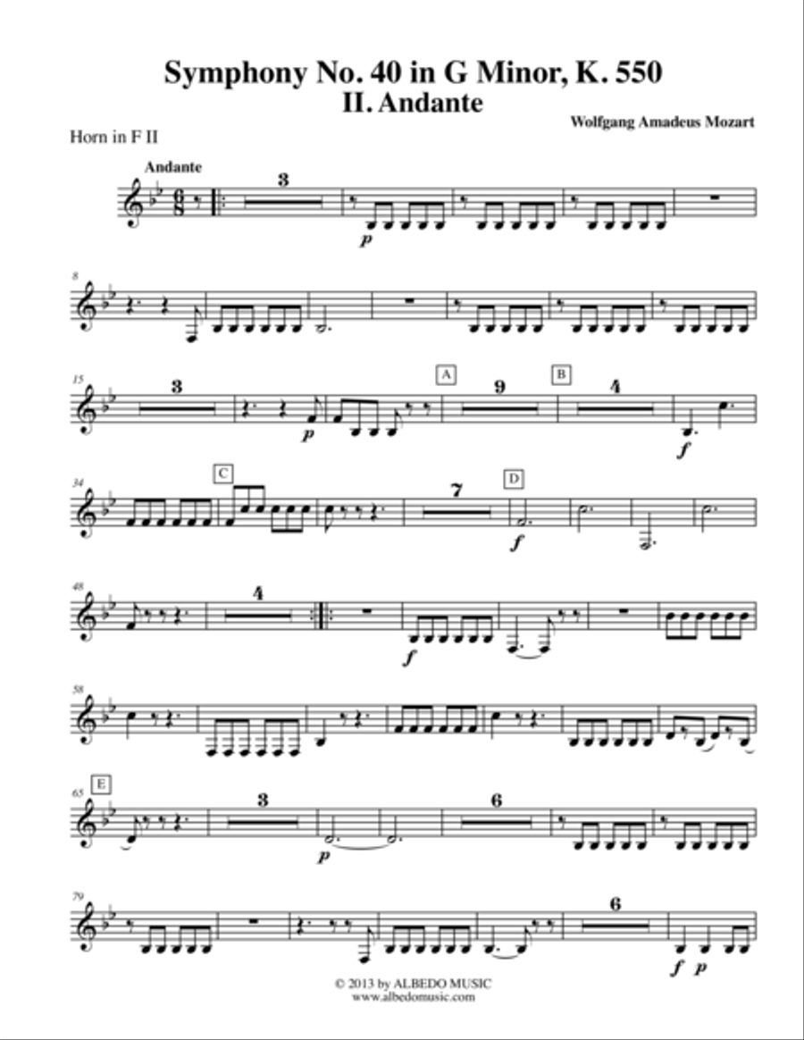 Mozart Symphony No. 40, Movement II - Horn in F 2 (Transposed Part), K. 550 Horn Solo scores gallery preview page 1