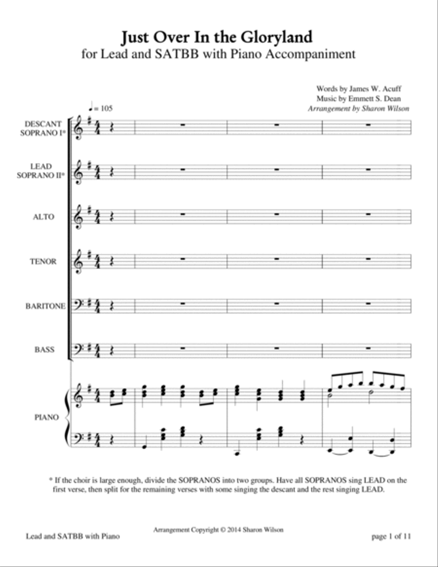 Just Over In the Gloryland (for Lead and SATBB choir A Cappella or with Piano Accompaniment) A Cappella scores gallery preview page 3