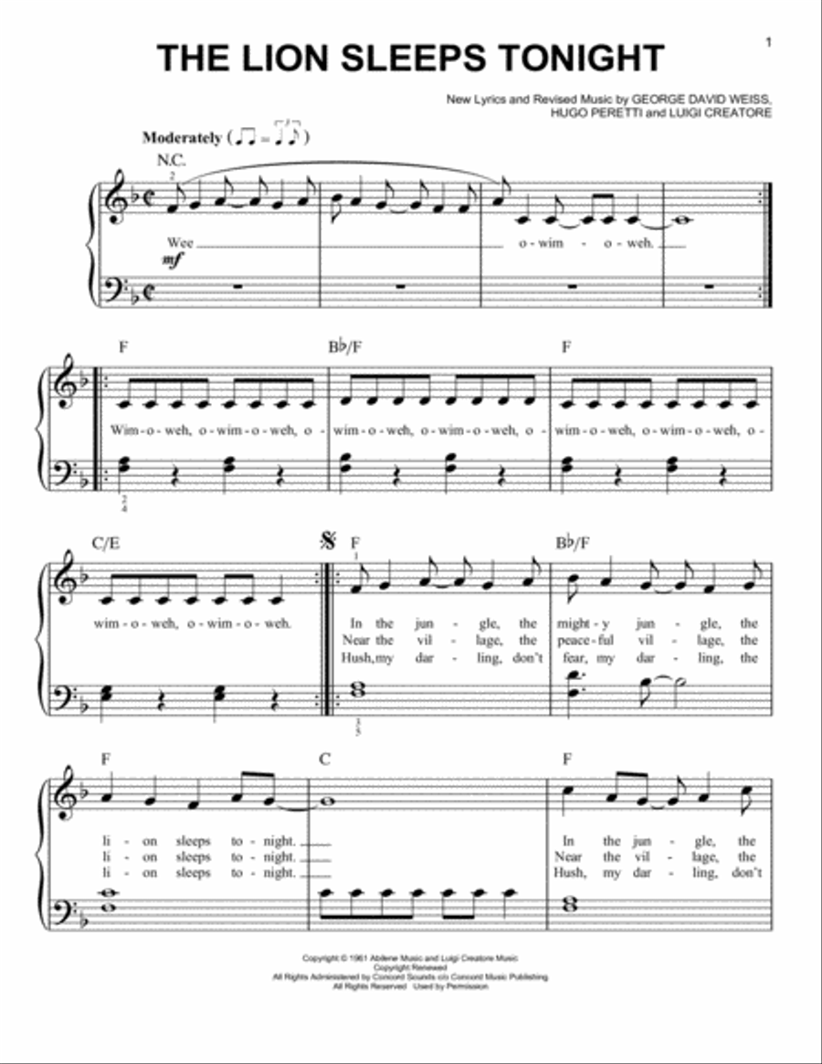 The Lion Sleeps Tonight Easy Piano scores gallery preview page 1