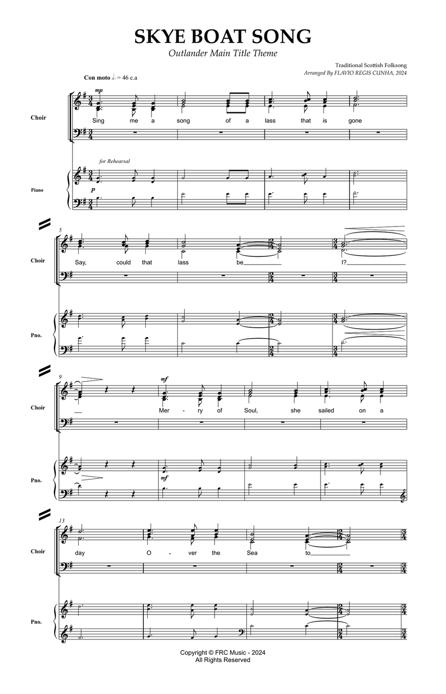 Skye Boat Song - Outlander Main Title Theme - for Choir SSATB and Piano Accompaniment Divisi scores gallery preview page 3