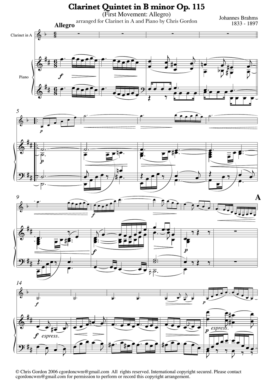 Brahms Clarinet Quintet Op. 115 (arr. for Clarinet in A and Piano) - Allegro A Clarinet scores gallery preview page 3