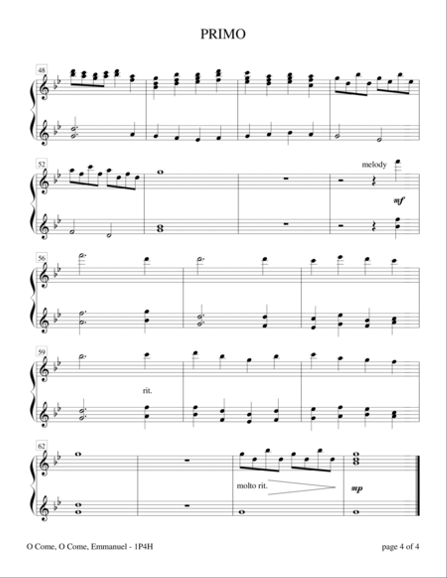 O Come, O Come, Emmanuel (Intermediate Piano Duet; 1 Piano, 4 Hands) image number null