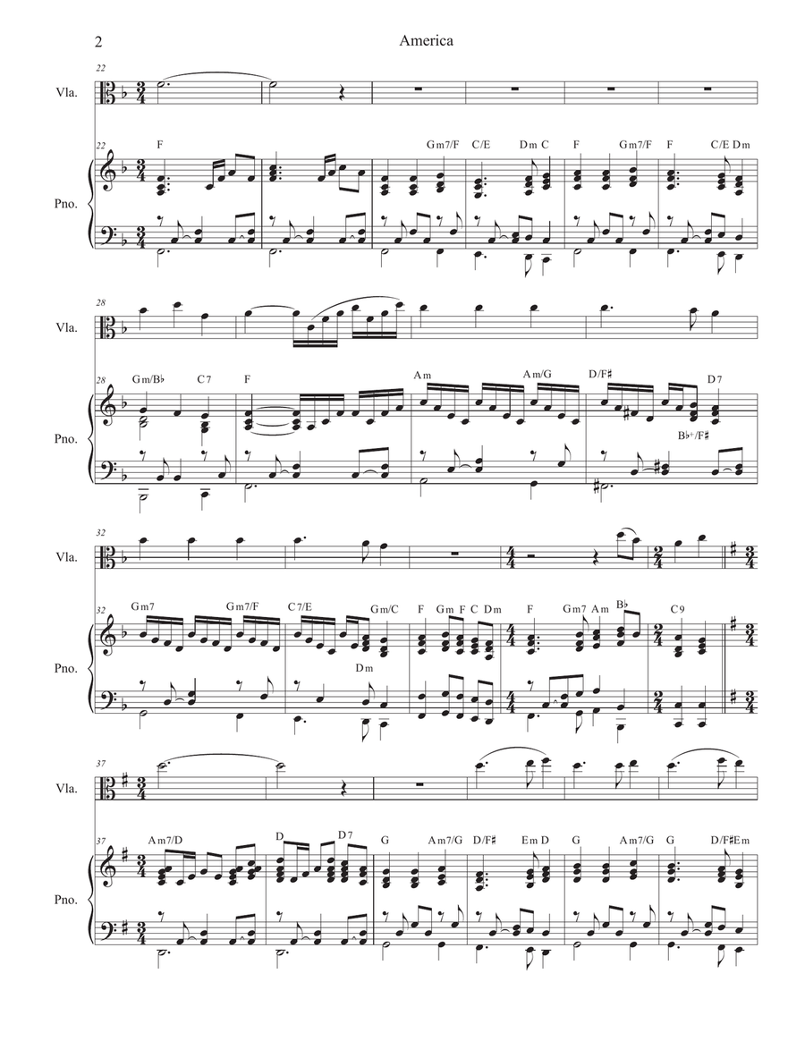 America (My Country, 'Tis of Thee) (Viola solo and Piano) Piano scores gallery preview page 2