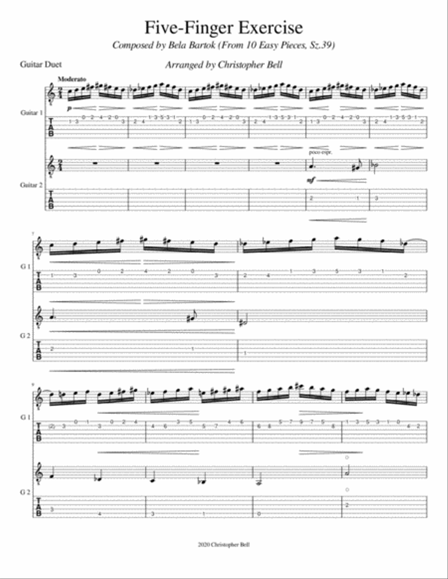 Bela Bartok - Five-Finger Exercise(From 10 Easy Pieces) - Guitar Duet Classical Guitar scores gallery preview page 2