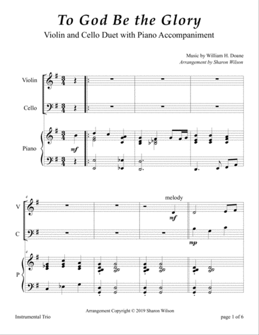 To God Be the Glory (Easy Violin and Cello Duet with Piano Accompaniment) Piano Trio scores gallery preview page 4