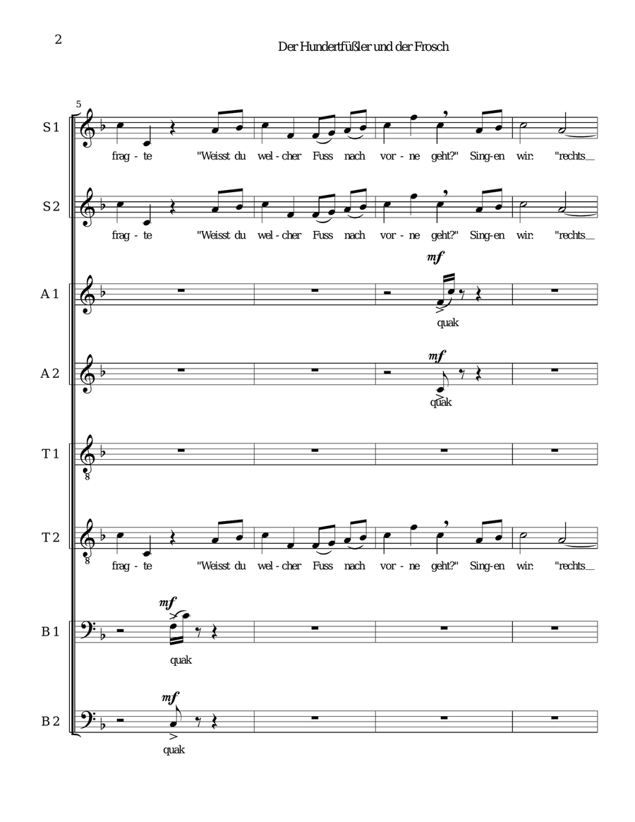 Der Hundertfüssler und der Frosch (The Centipede and the Frog in German) for 8 part choir 4-Part scores gallery preview page 2