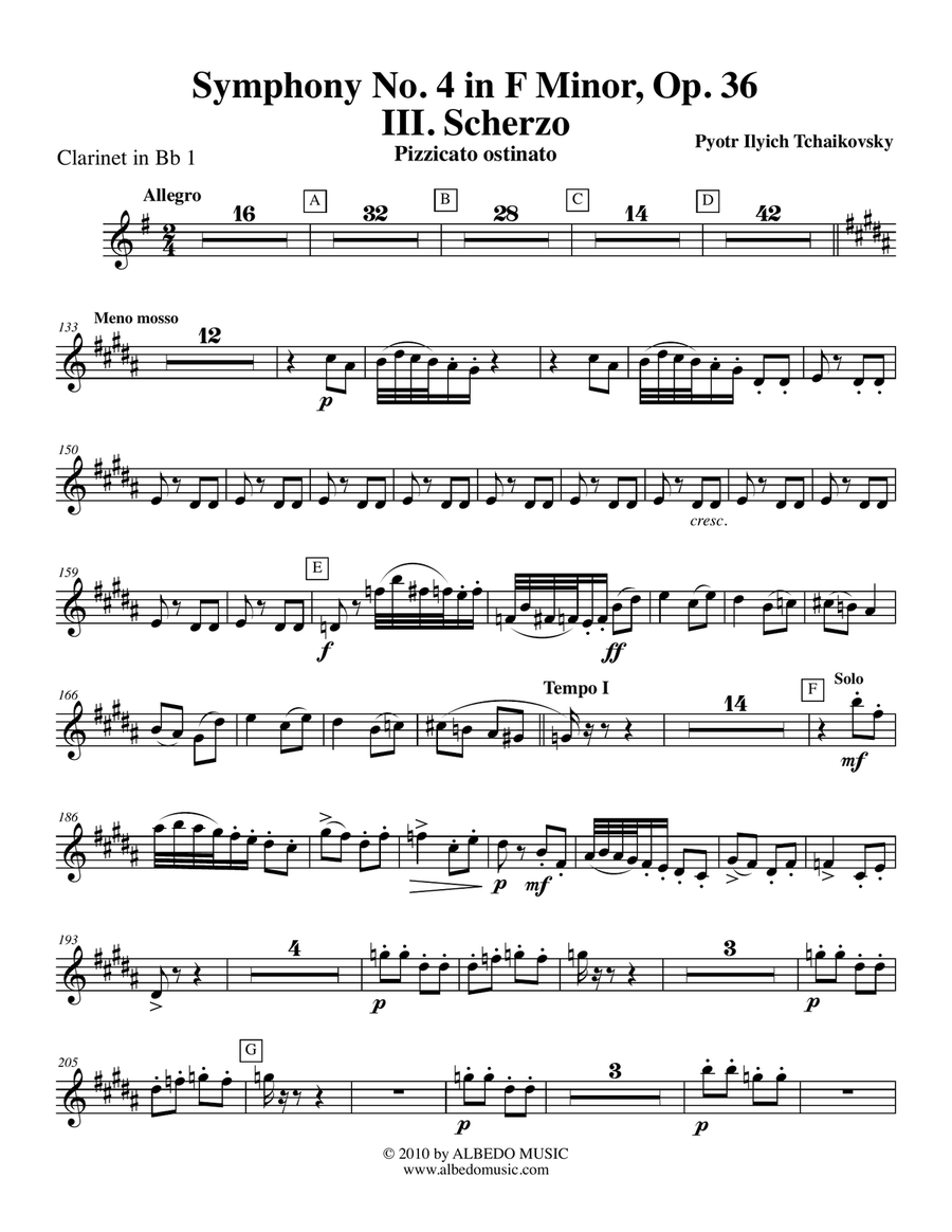 Tchaikovsky Symphony No. 4 Movement III Clarinet in Bb 1 Transposed Part Op. 36
