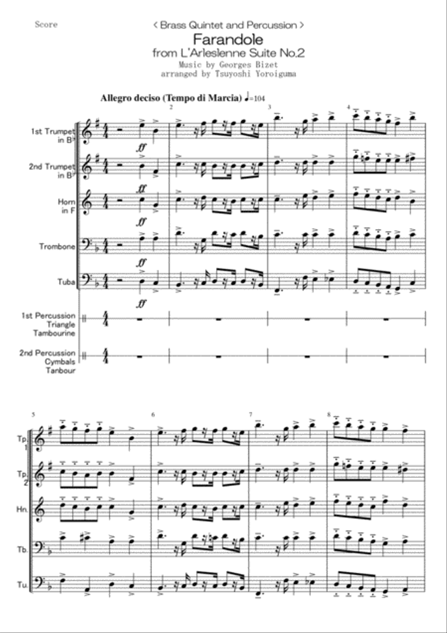 < Brass Quintet and Percussion > Farandole from L'Arleslenne Suite No.2 Percussion Ensemble scores gallery preview page 1