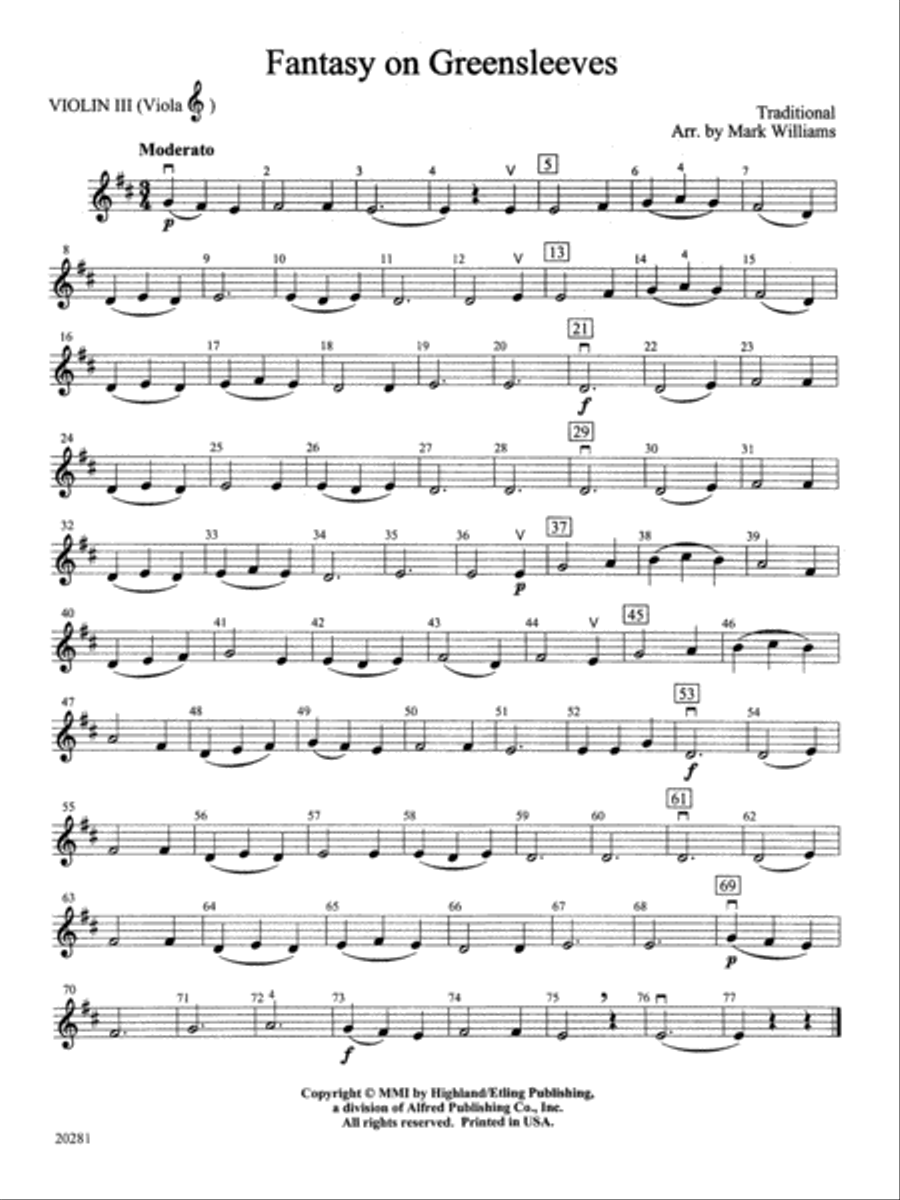 Fantasy on Greensleeves: 3rd Violin (Viola [TC]) String Orchestra scores gallery preview page 1