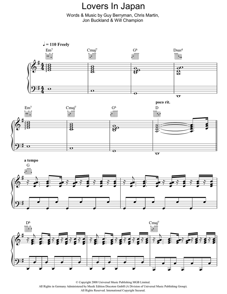 Lovers In Japan Piano, Vocal, Guitar scores gallery preview page 1