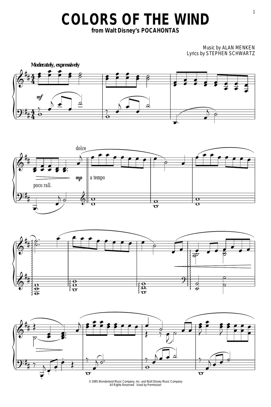 Colors Of The Wind (from Pocahontas) Piano Solo scores gallery preview page 1