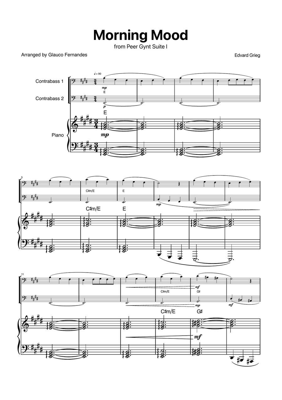 Book cover for Morning Mood by Grieg for Double Bass Duet with Piano and Chords