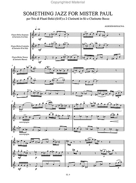 Something Jazz for Mister Paul for Recorder Trio (SAT) or 2 Clarinets in B flat and Bass Clarinet (2008)