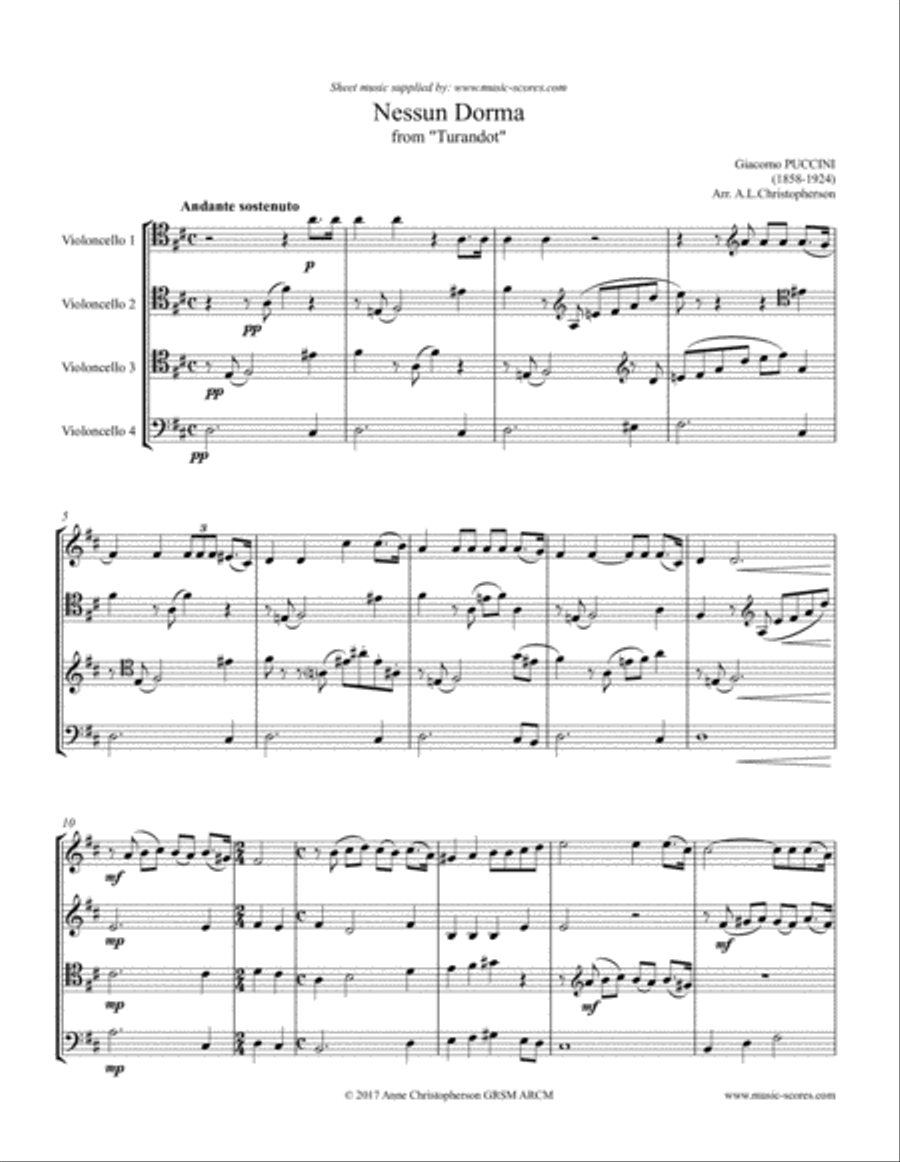 Nessun Dorma - Cello Quartet - D ma String Quartet scores gallery preview page 1