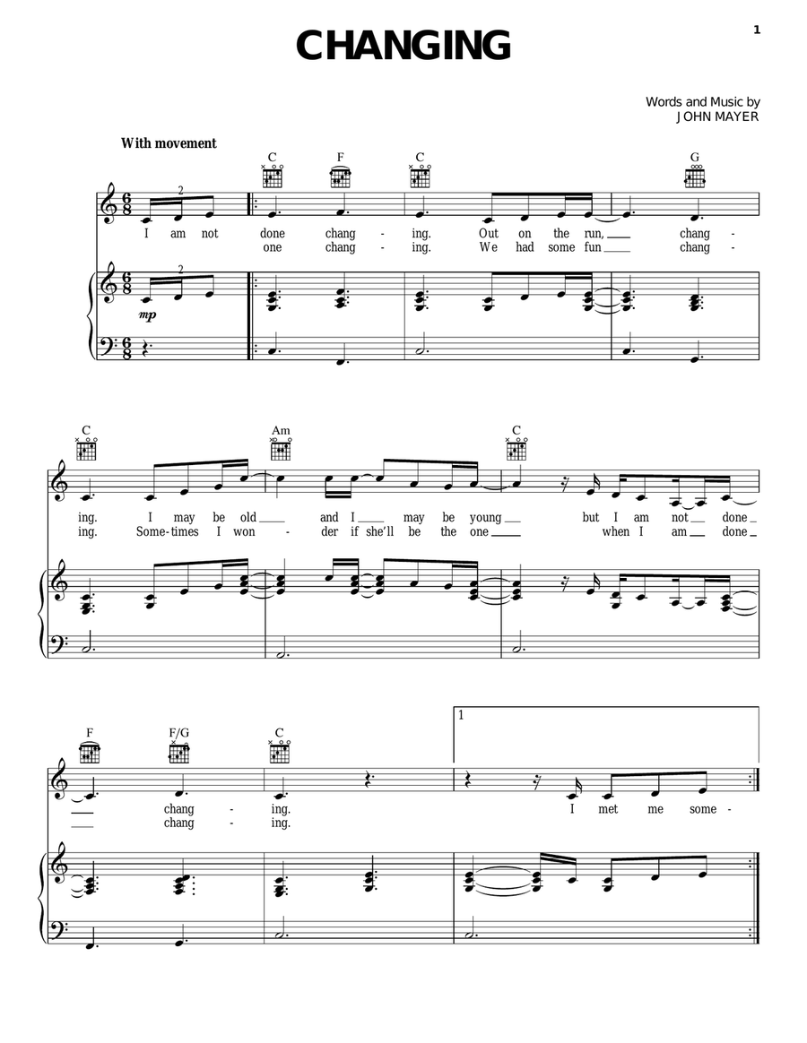 Changing Piano, Vocal, Guitar scores gallery preview page 1