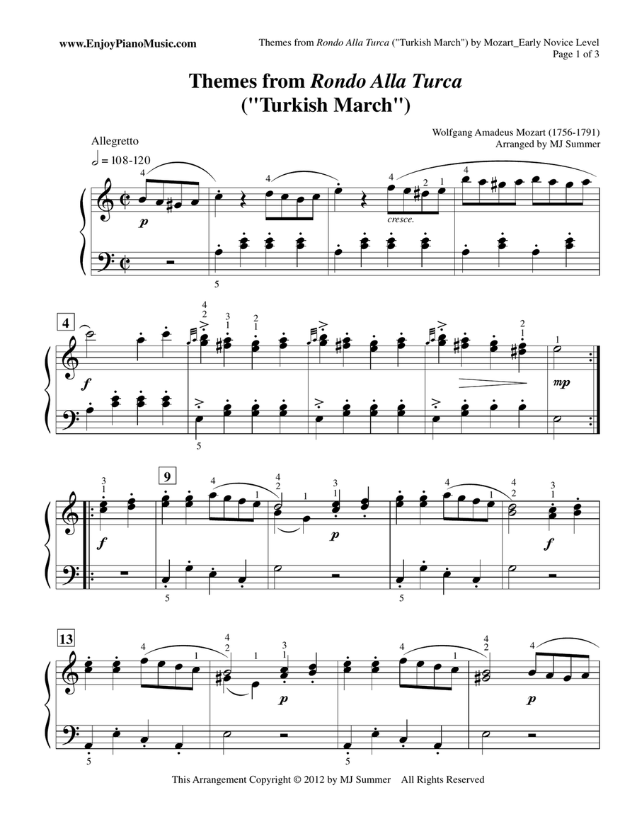 Rondo Alla Turca (Turkish March), Main Themes by Mozart--Easy Piano Piano Method scores gallery preview page 1