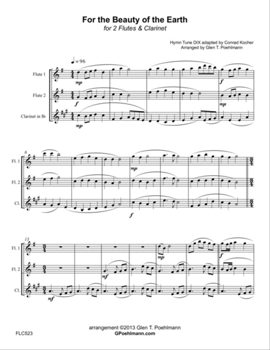 FOR THE BEAUTY OF THE EARTH - 2 FLUTES & CLARINET (unaccompanied) FOR THE BEAUTY OF THE EARTH - 2 FLUTES & CLARINET (unaccompanied) Woodwind Trio scores gallery preview page 1