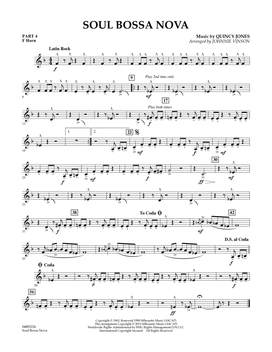 Soul Bossa Nova (arr. Johnnie Vinson) - Pt.4 - F Horn Concert Band scores gallery preview page 1