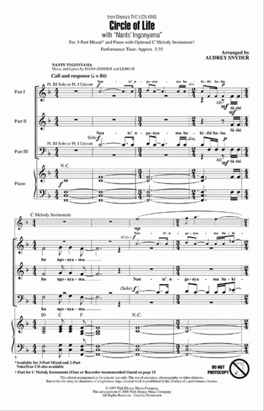 Circle of Life (with Nants' Ingonyama) 3-Part scores gallery preview page 2