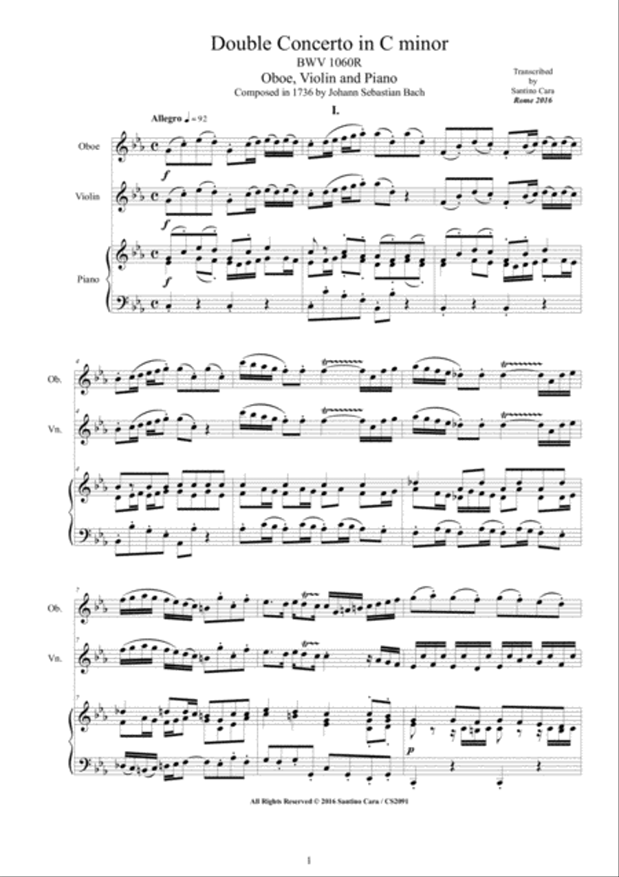 Bach - Double Concerto in C minor BWV1060R for Oboe, Violin and Piano Oboe scores gallery preview page 1
